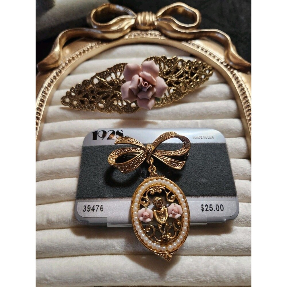 1928 Floral Hair Barette And Cherub Brooch Lot